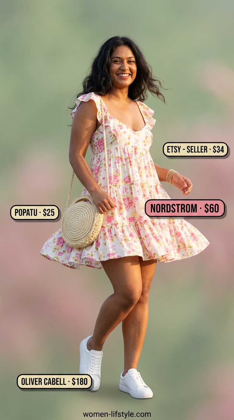 Flattering summer outfits for women over 30 2026: Floral mini sundress, white sneakers, beaded bracelets, straw crossbody.