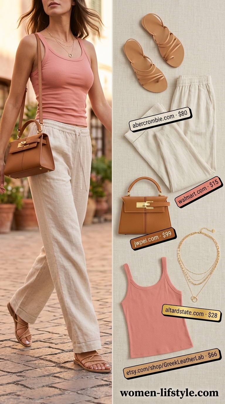 Flattering summer outfits for women over 30 2026: Linen pants, ribbed tank, flat sandals, crossbody bag, layered necklaces.