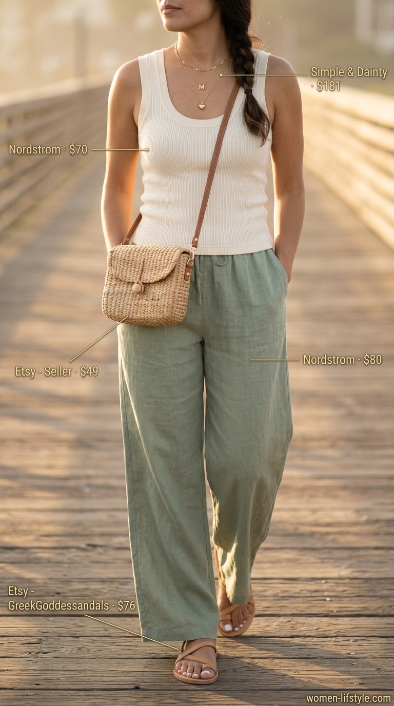 Sunset linen pants with a cream tank, gold necklaces, and straw bag for flattering summer outfits for women over 30 2026.