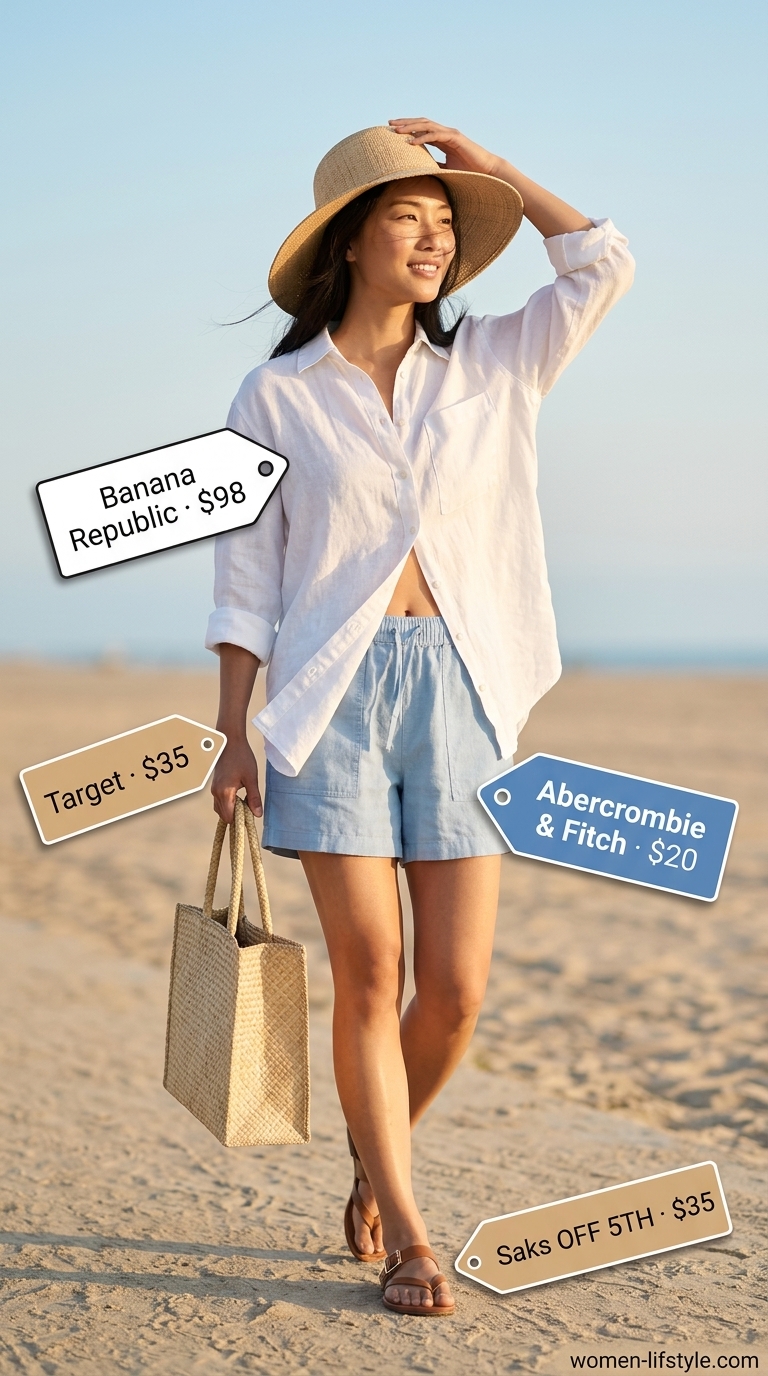 Flattering summer outfits for women over 30 2026: Linen shorts set, oversized shirt, straw hat & tote, leather slides.