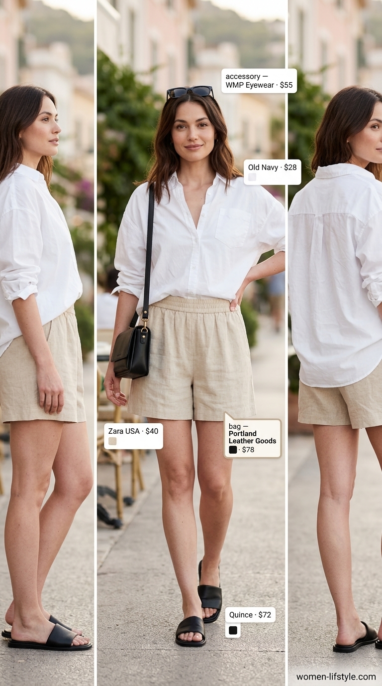 Flattering summer outfits for women over 30 2026: Linen shorts with white button-down and black slides.