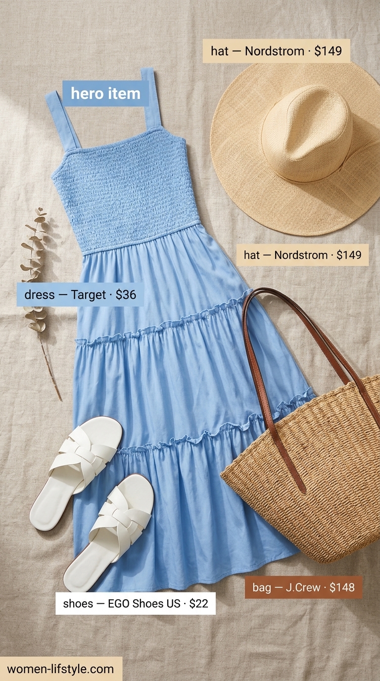 Flattering summer outfits for women over 30 2026: Sky blue maxi dress with straw hat and tote bag.