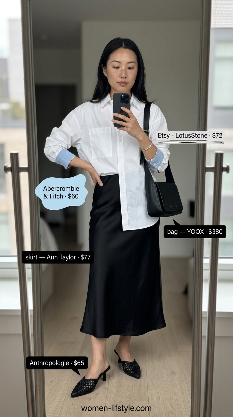 Modern minimalist outfit with a black slip skirt, white button-down shirt, and mules for flattering summer outfits for women over 30 2026.