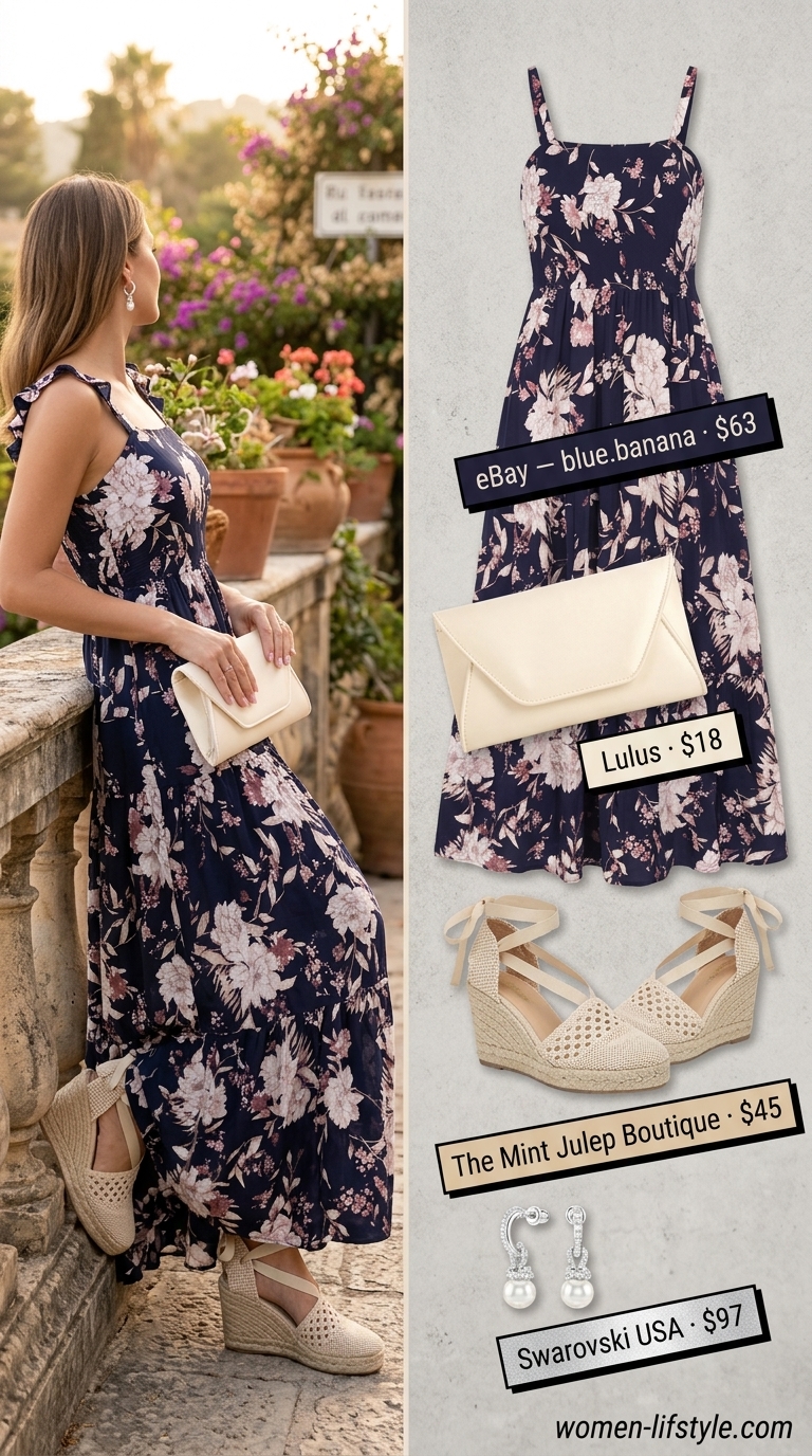 Flattering summer outfits for women over 30 2026: Navy floral maxi dress, espadrille wedges, pearl drop earrings, satin clutch.