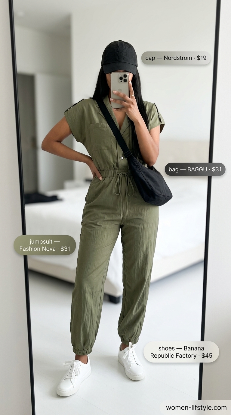 Modern utility jumpsuit in olive green with white sneakers and a baseball cap for flattering summer outfits for women over 30 2026.