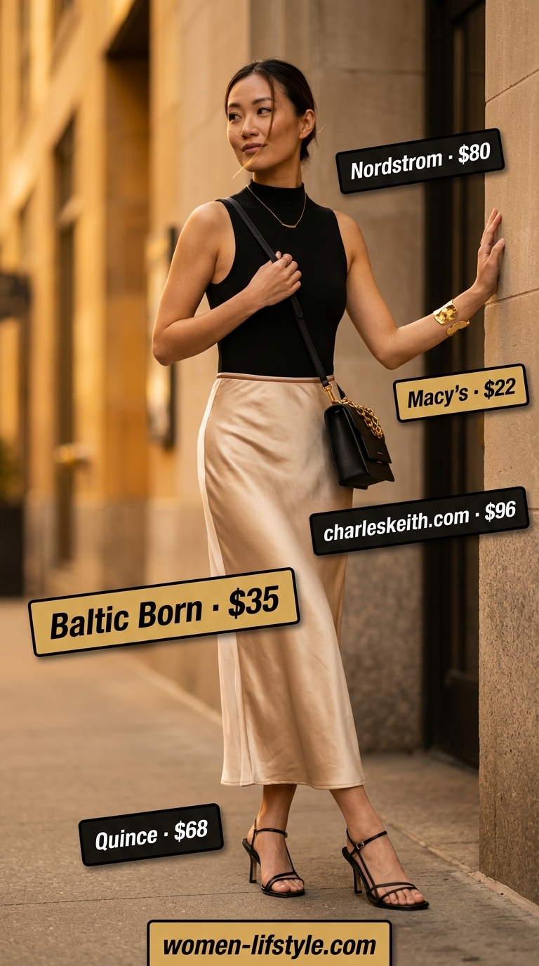 Flattering summer outfits for women over 30 2026: Satin midi skirt, bodysuit, heeled sandals, structured bag, gold cuff.