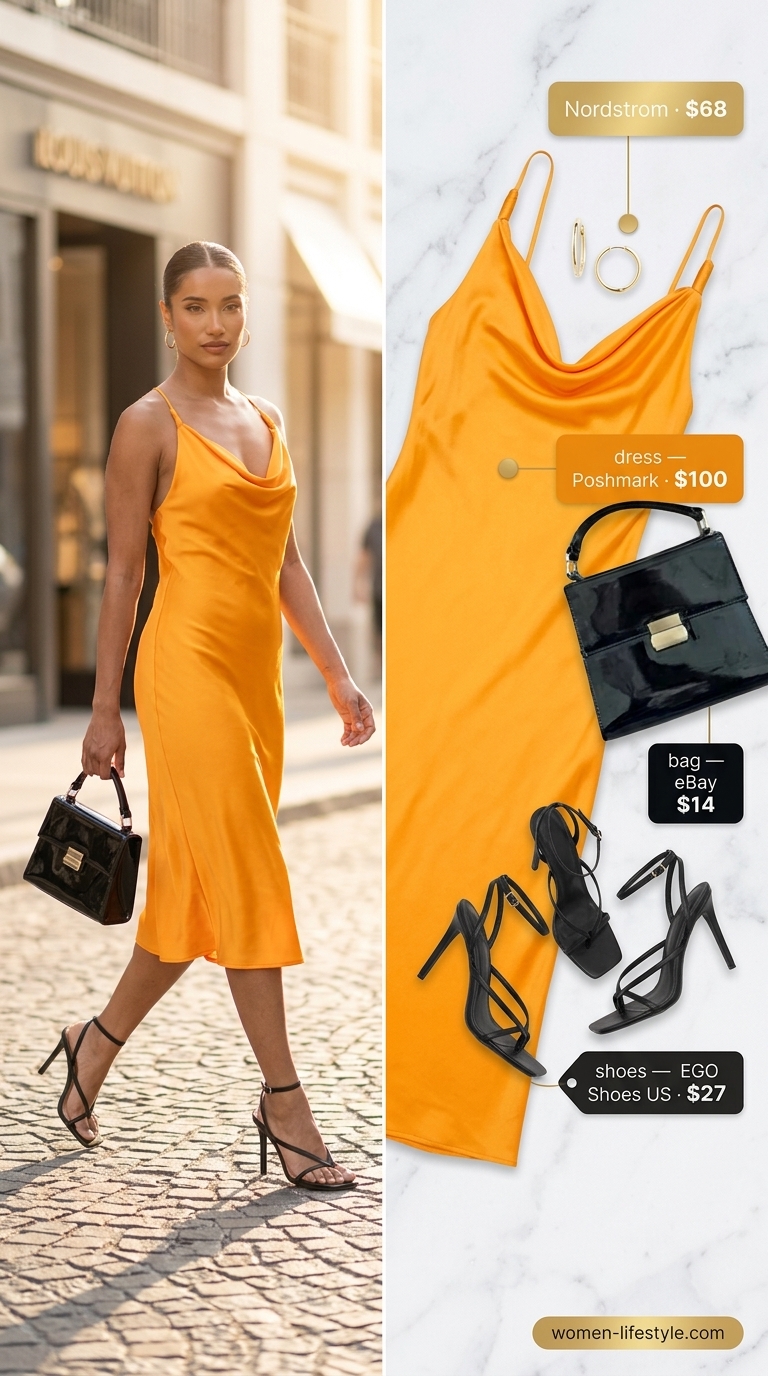Flattering summer outfits for women over 30 2026: Mango orange satin slip dress with black heels and clutch.