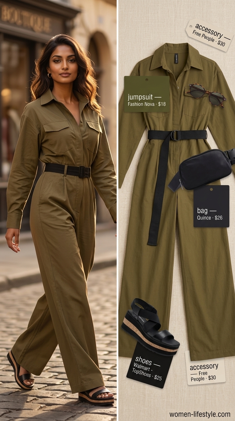 Effortless olive green utility jumpsuit with chunky sandals and sunglasses for flattering summer outfits for women over 30 2026.