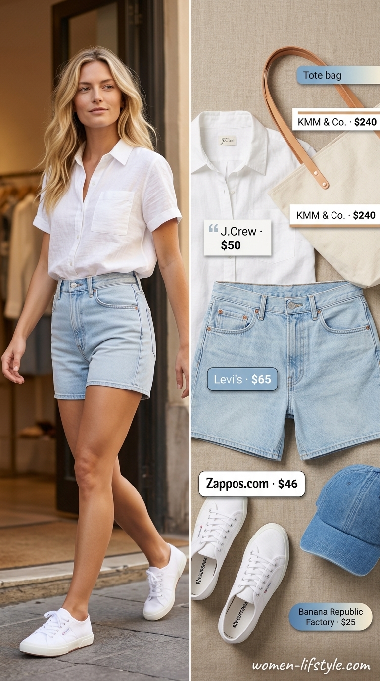 Weekend explorer outfit with denim shorts, an oversized linen shirt, and canvas sneakers for flattering summer outfits for women over 30 2026.