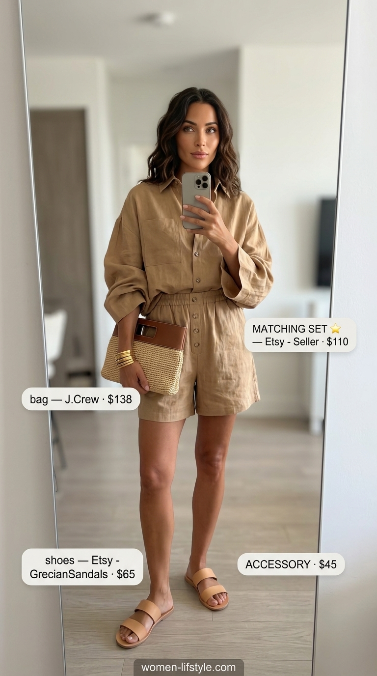 Flattering summer outfits for women over 30 2026: Linen shorts set, slides, raffia clutch, gold bangles.