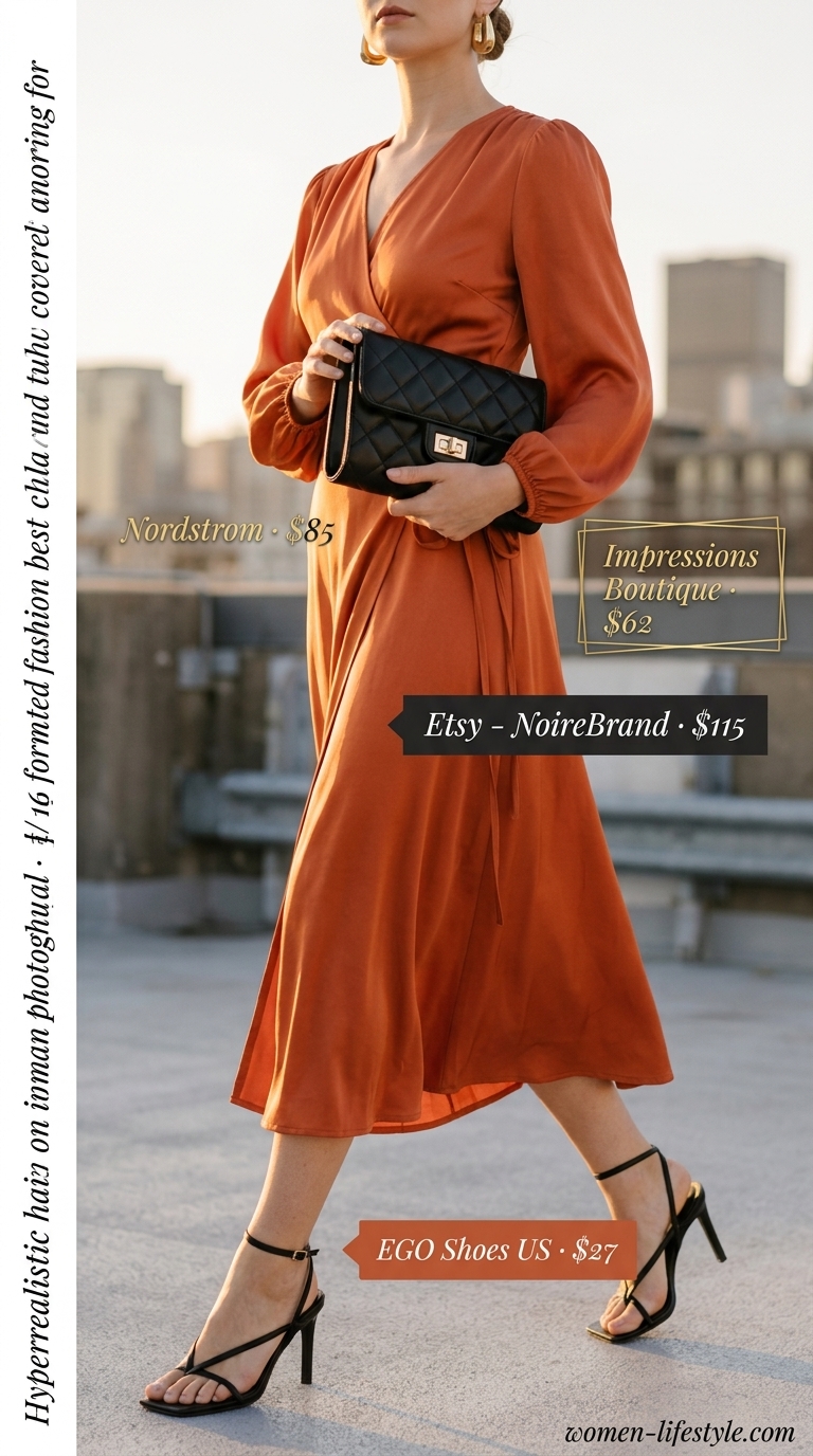 Flattering summer outfits for women over 30 2026: Mango orange wrap dress with black heels and clutch.