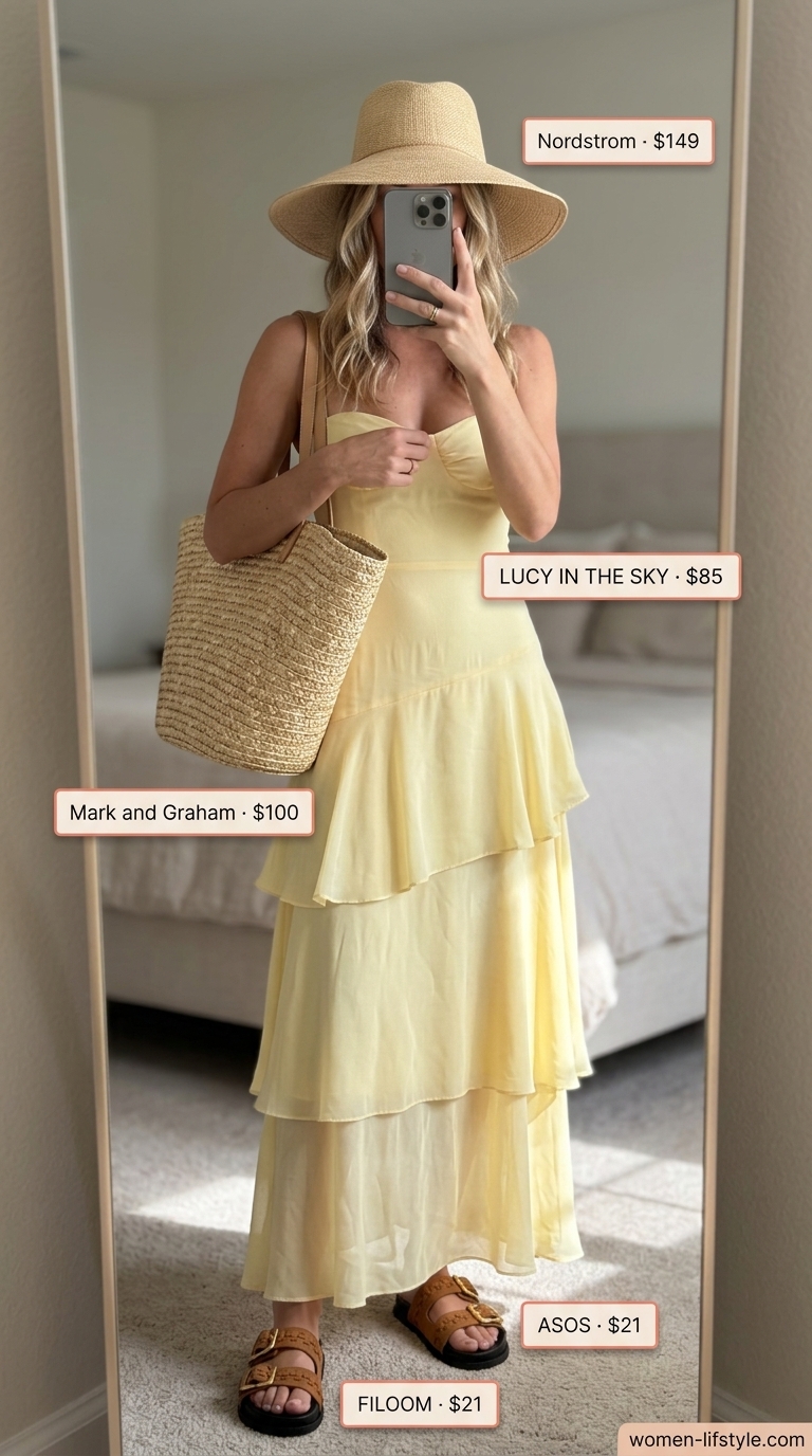 Flattering summer outfits for women over 30 2026: Yellow maxi dress with straw hat and tote bag.