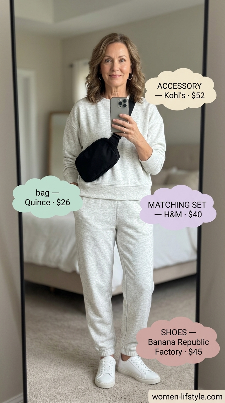 Graceful summer outfit for women over 60 2026: Grey athleisure set, white sneakers, and silver earrings.