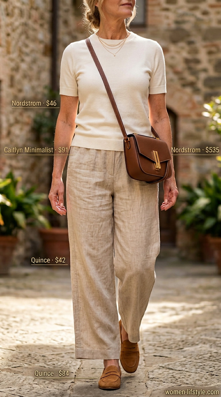 Graceful summer outfit for women over 60 2026: Beige linen pants, cream sweater, suede loafers, and gold necklaces.