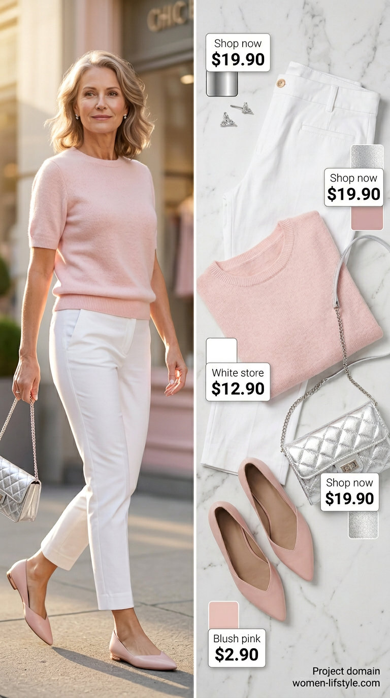 Graceful summer outfit for women over 60 2026: White capri pants, soft pink knit top, nude flats. Polished casual style.