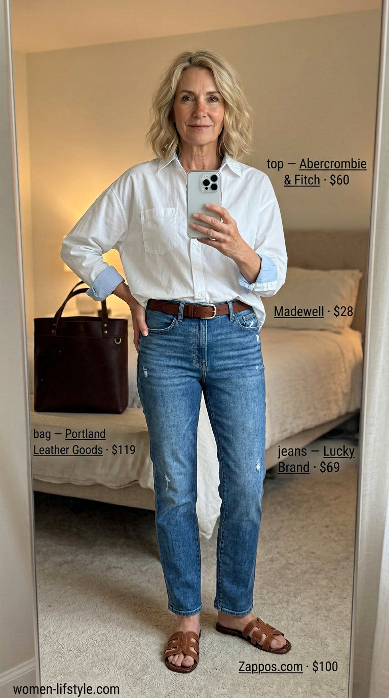 Graceful summer outfit for women over 60 2026: Denim jeans, white shirt, and tan sandals for casual day.