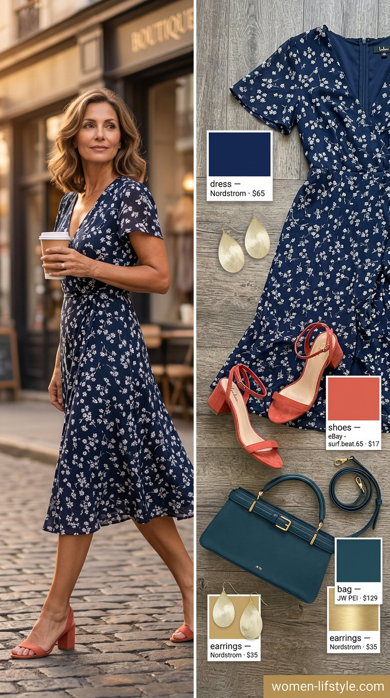 Graceful summer outfit for women over 60 2026: Navy floral midi dress, coral sandals, and gold earrings for brunch.