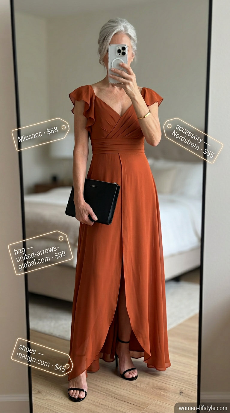 Graceful summer outfit for women over 60 2026: Terracotta jumpsuit, gold bracelet, black sandals, and clutch for evening.