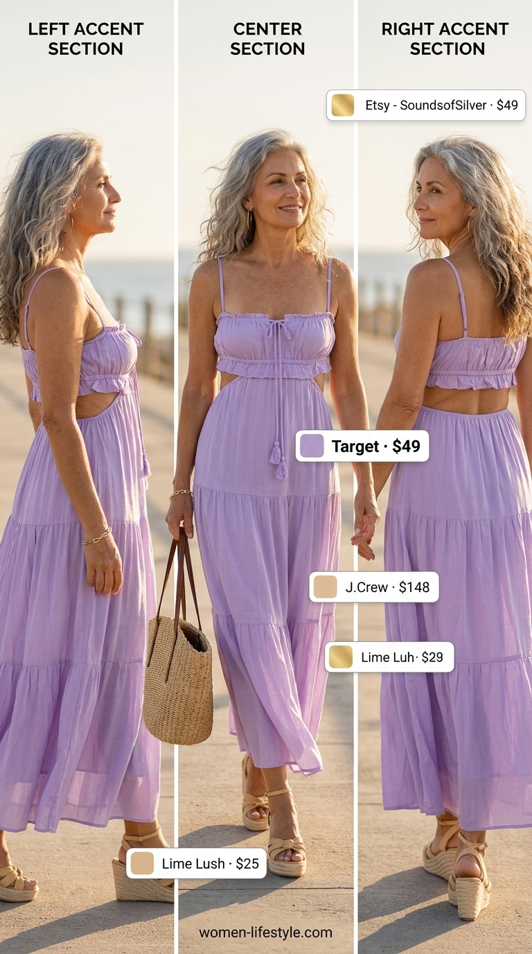 Graceful summer outfit for women over 60 2026: Lavender tiered maxi dress, straw tote, and espadrilles for vacation.