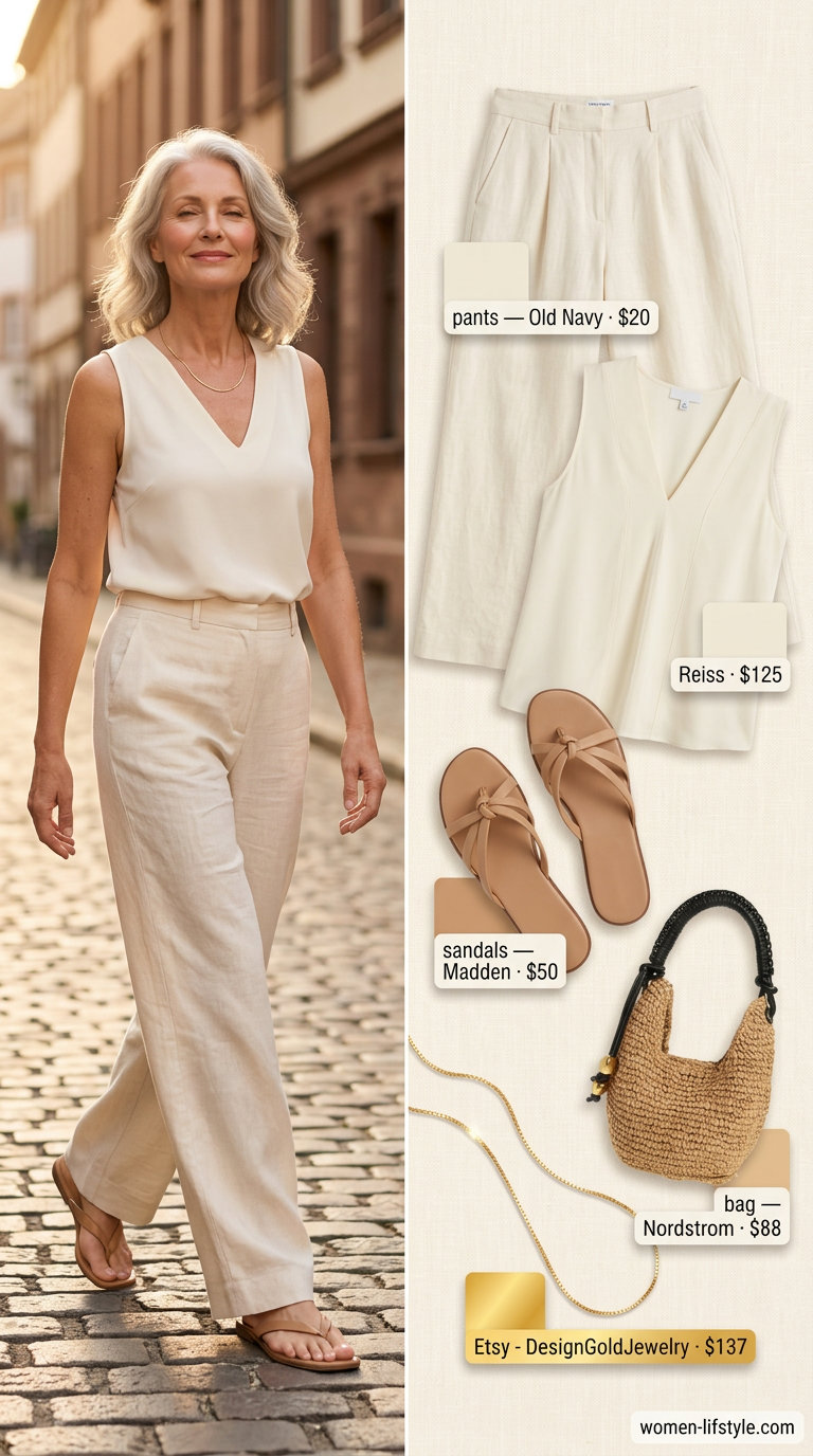 Graceful summer outfit for women over 60 2026: Cream linen pants, ivory blouse, straw bag, and gold necklaces.
