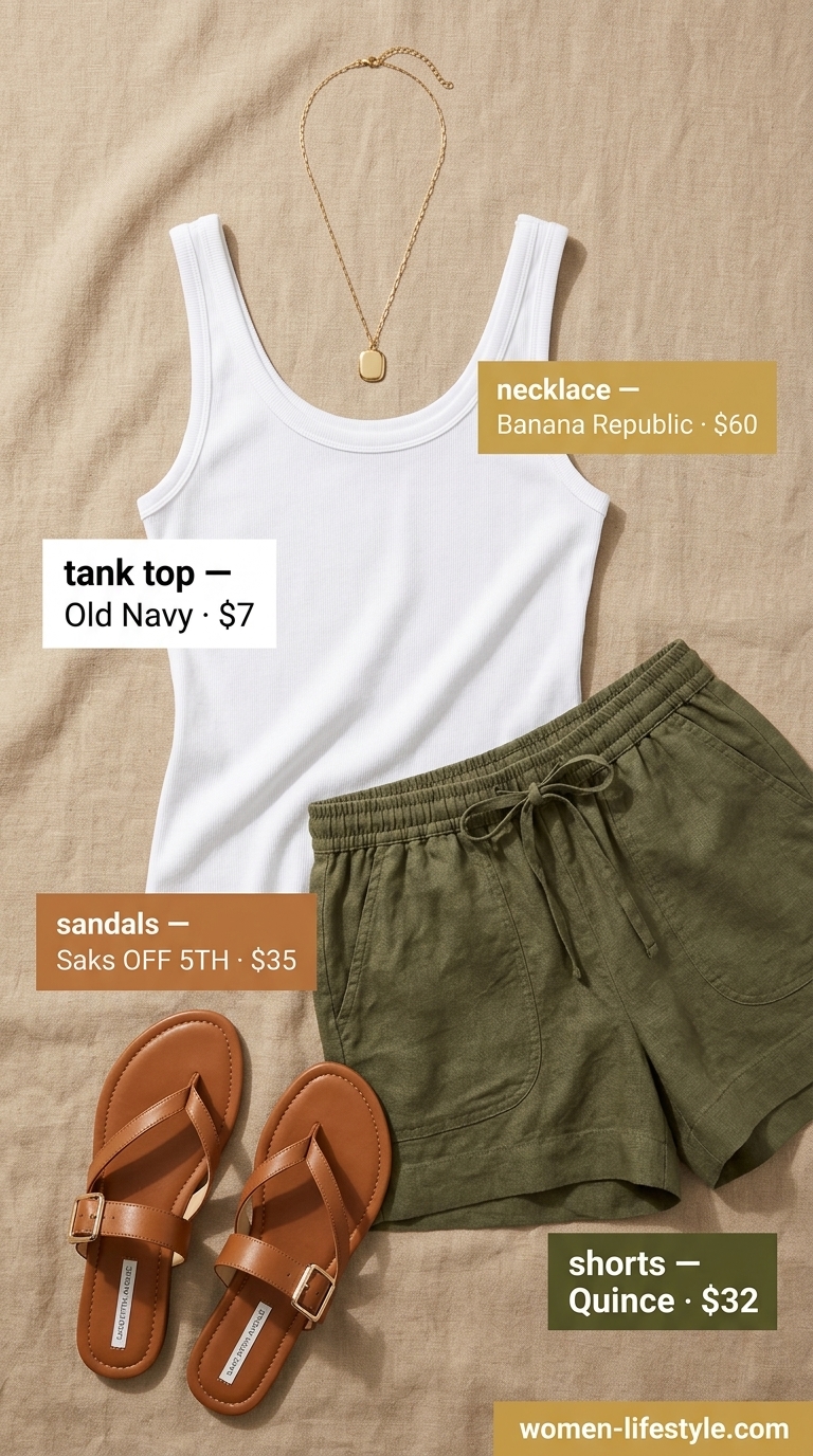 Graceful summer outfit for women over 60 2026: Sage green linen shorts, white tank, tan slides. Relaxed beach style.