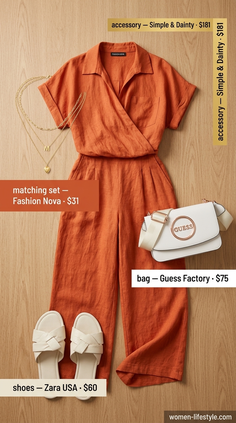 Graceful summer outfit for women over 60 2026: Terracotta linen set, cream bag, gold jewelry. Effortless vacation chic.