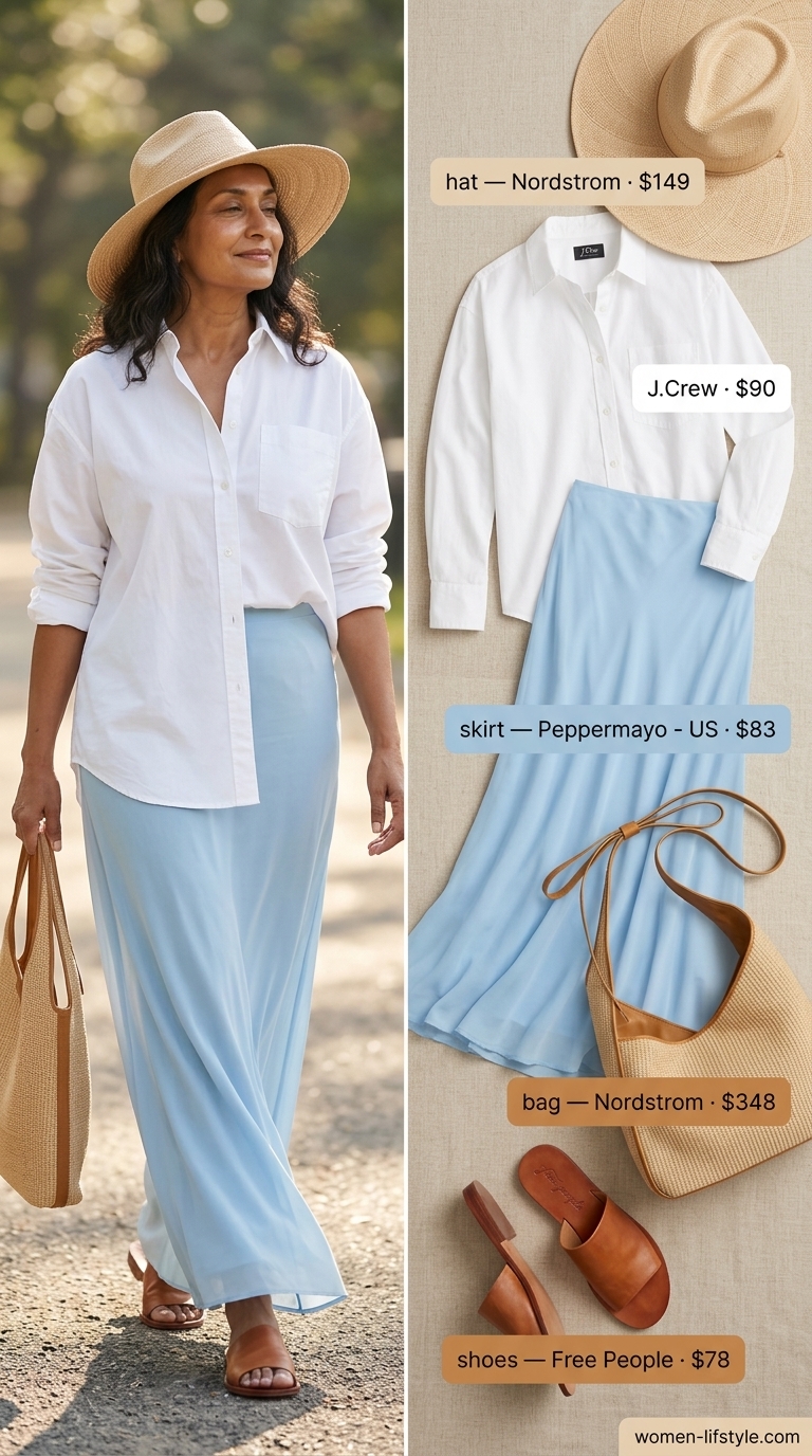Graceful summer outfit for women over 60 2026: Sky blue maxi skirt, white button-down, tan slides. Bohemian vacation style.