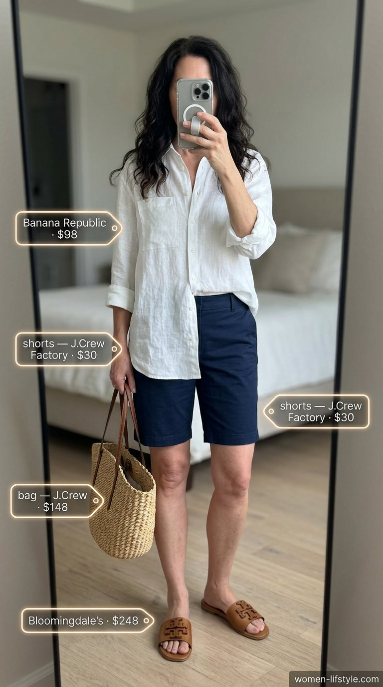 Graceful summer outfit for women over 60 2026: Navy shorts, white linen shirt, straw hat, and leather slides.