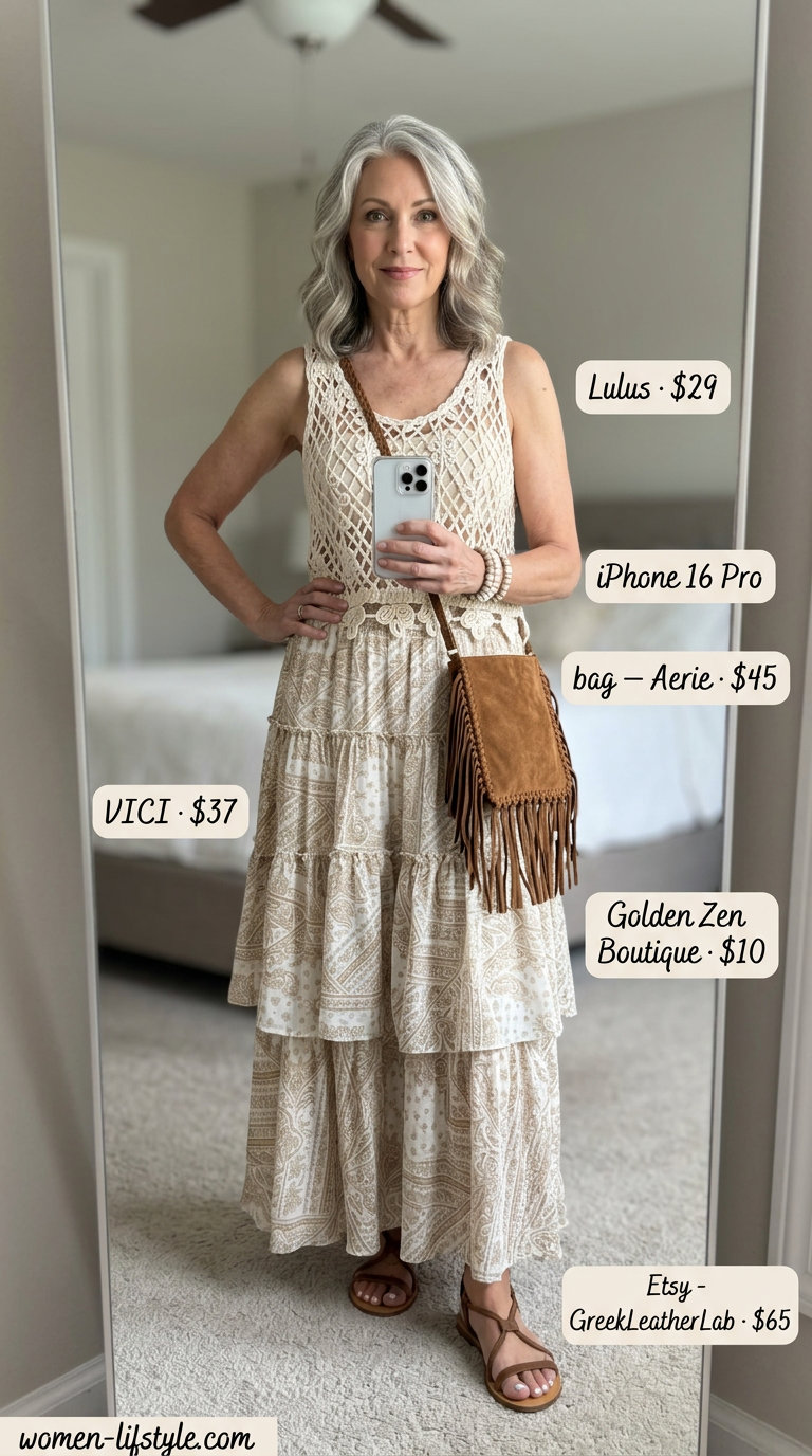 Graceful summer outfit for women over 60 2026: Paisley maxi skirt, cream crochet top, brown sandals. Boho festival style.
