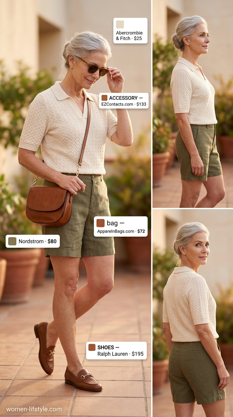 Graceful summer outfit for women over 60 2026: Olive green shorts, cream knit polo, brown loafers. Sporty chic.