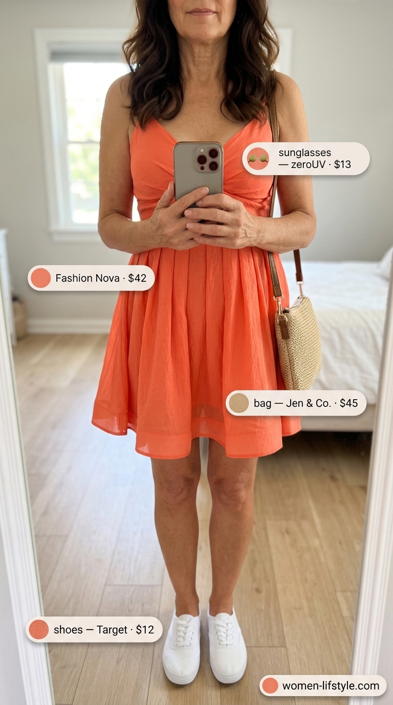 Graceful summer outfit for women over 60 2026: Coral sundress, white sneakers, straw bag. Playful beach town style.