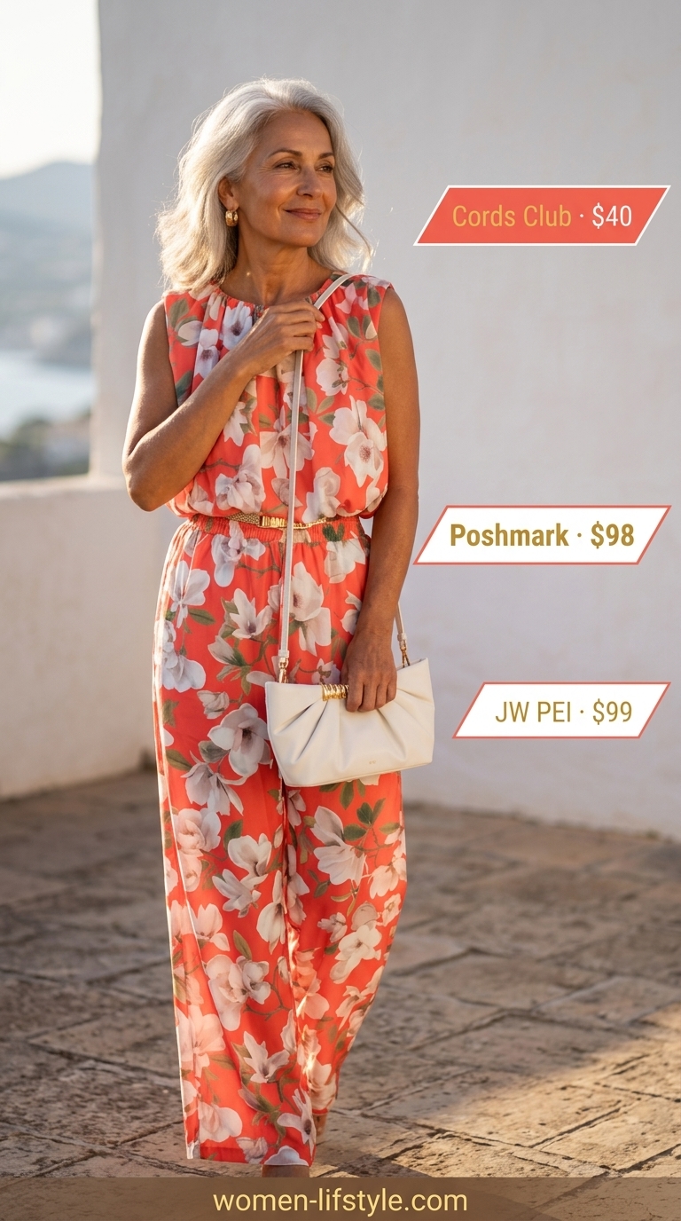 Graceful summer outfit for women over 60 2026: Coral co-ord set, gold earrings, strappy sandals.