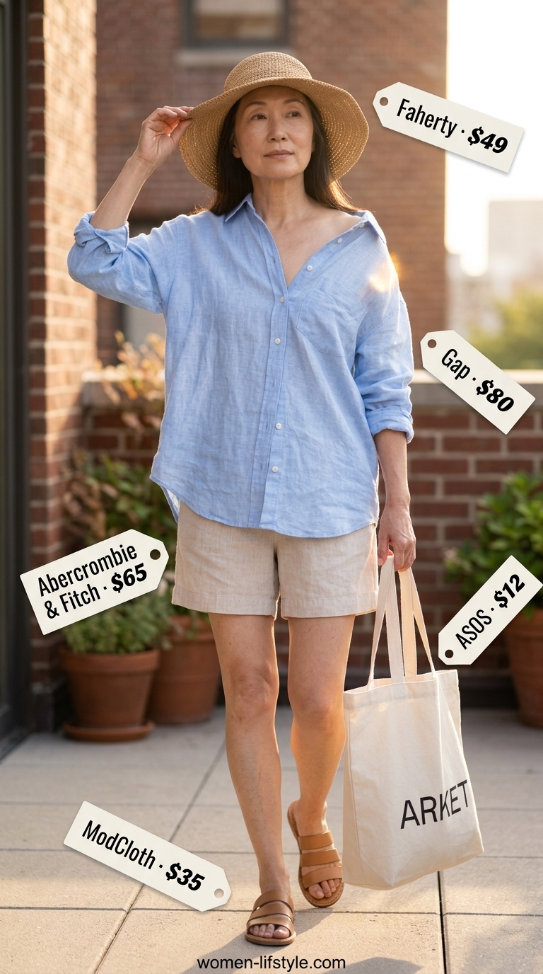 Graceful summer outfit for women over 60 2026: Light blue linen shirt, beige shorts, straw hat.
