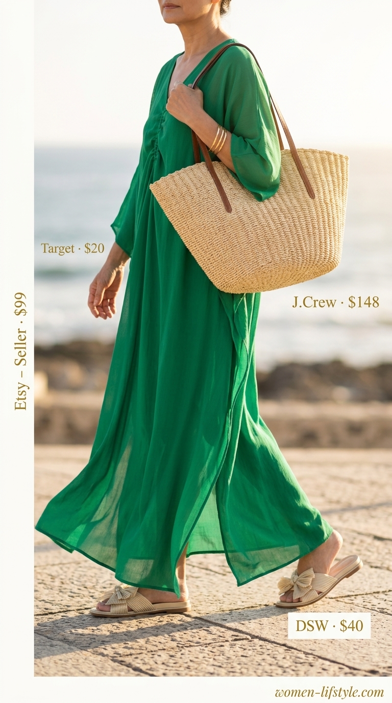 Graceful summer outfit for women over 60 2026: Emerald green maxi caftan, gold bangles, straw tote.