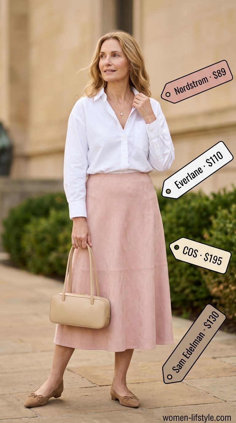 Graceful summer outfit for women over 60 2026: Blush pink midi skirt, white shirt, ballet flats.