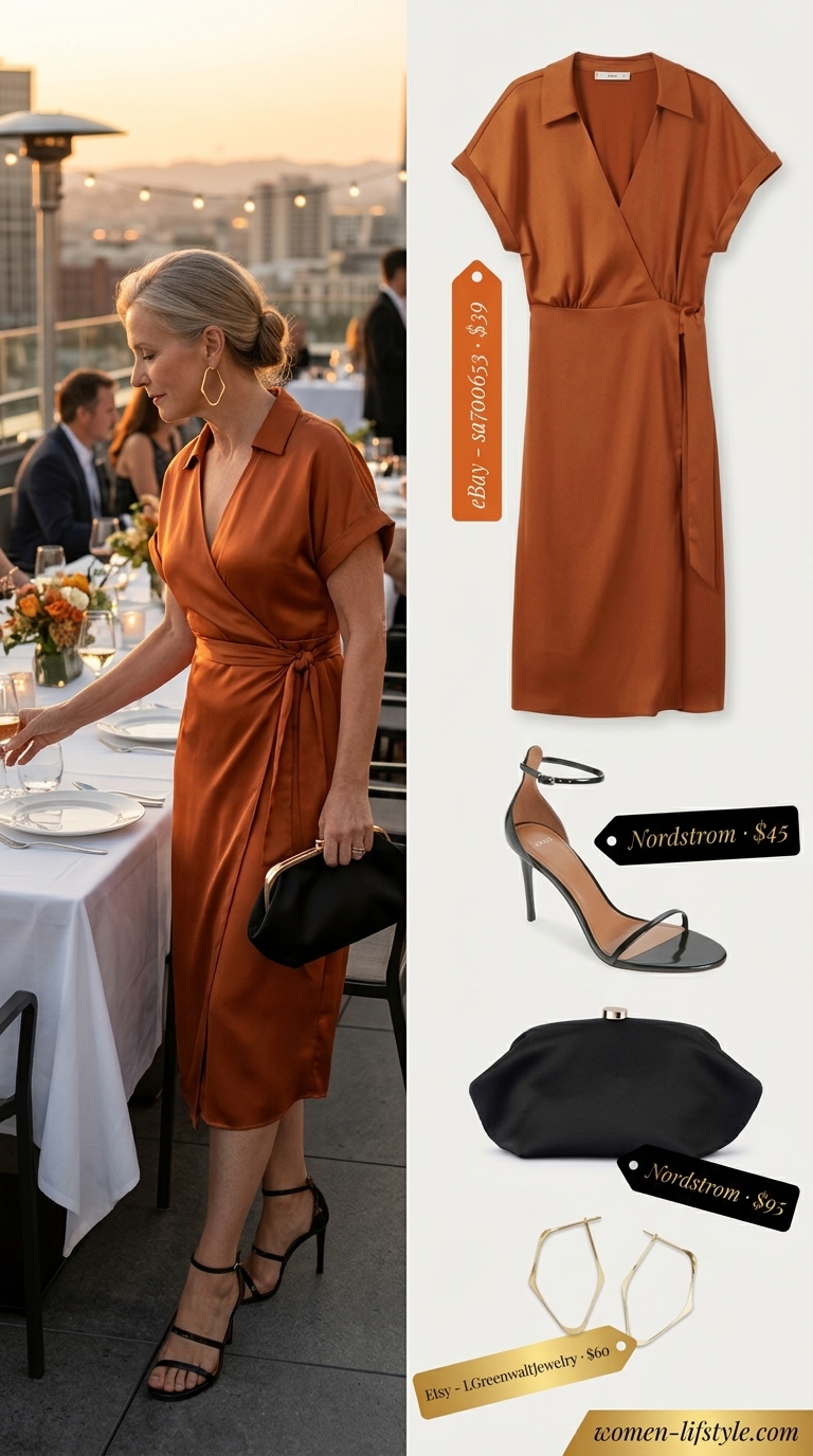 Graceful summer outfit for women over 60 2026: Mango orange midi wrap dress, black heels, gold earrings.
