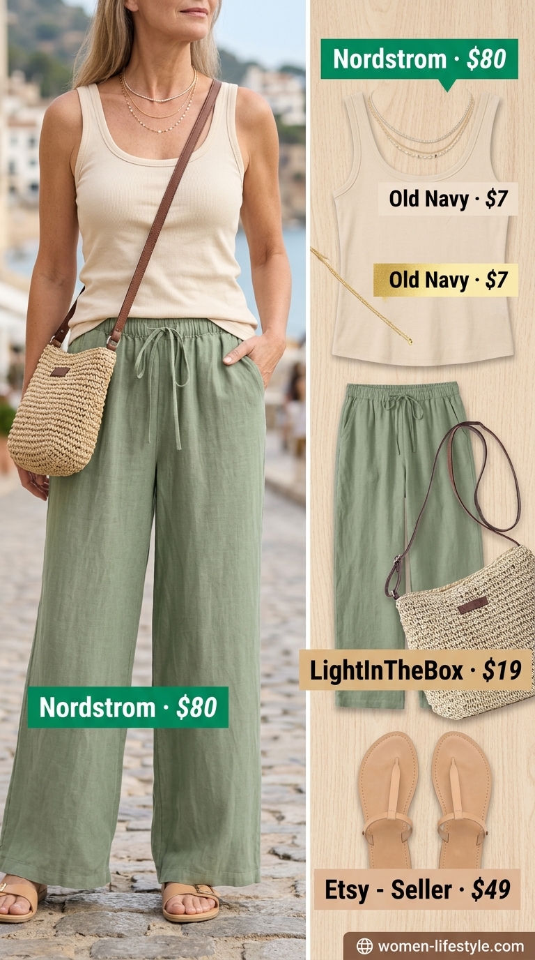 Graceful summer outfit for women over 60 2026: Sage green linen pants, cream tank, leather sandals.