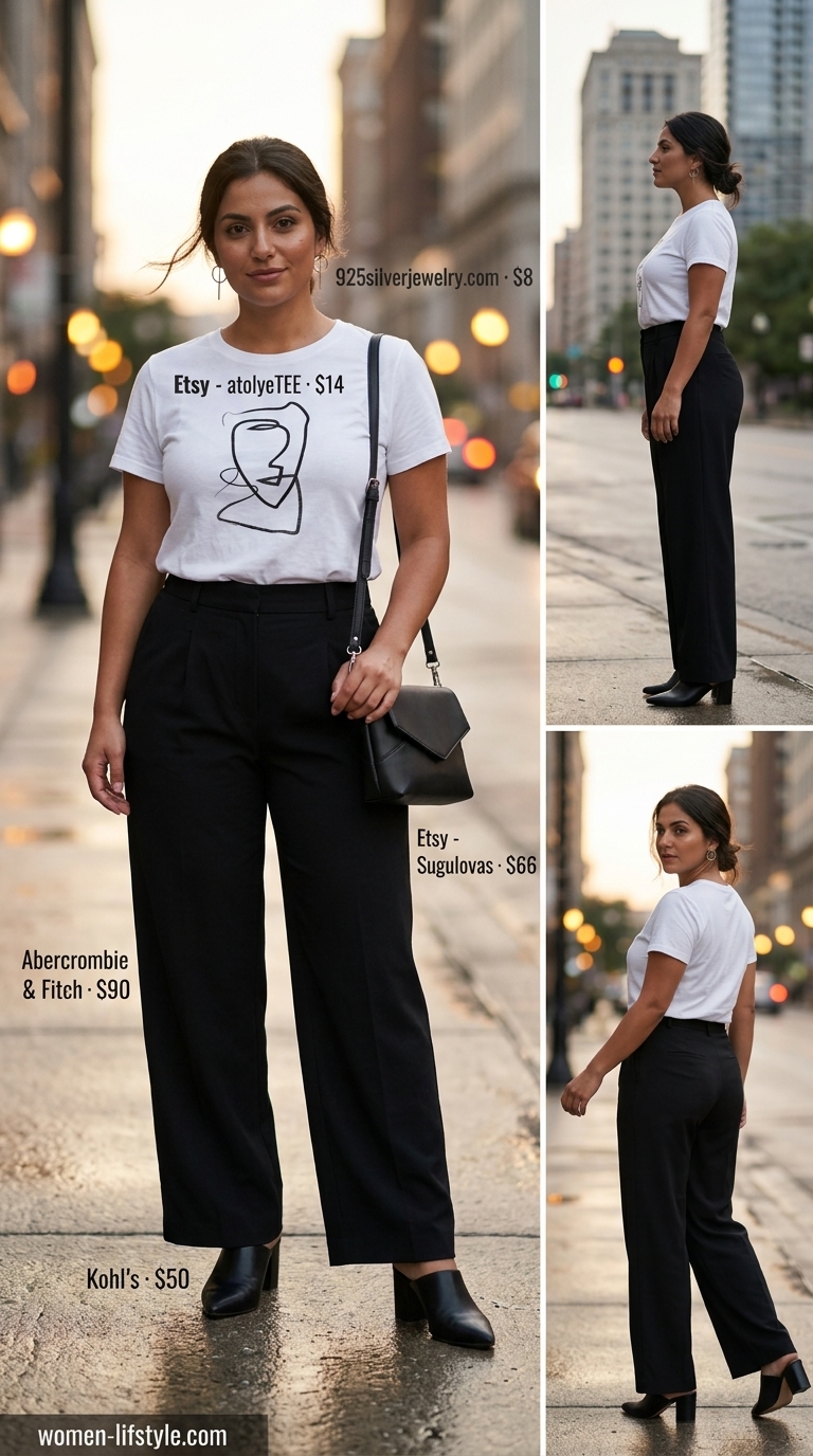 Chic Graphic Tee Outfits 2026 Graphic tee summer streetwear for women 2026: Abstract line art tee, wide-leg trousers, minimalist bag, mules.