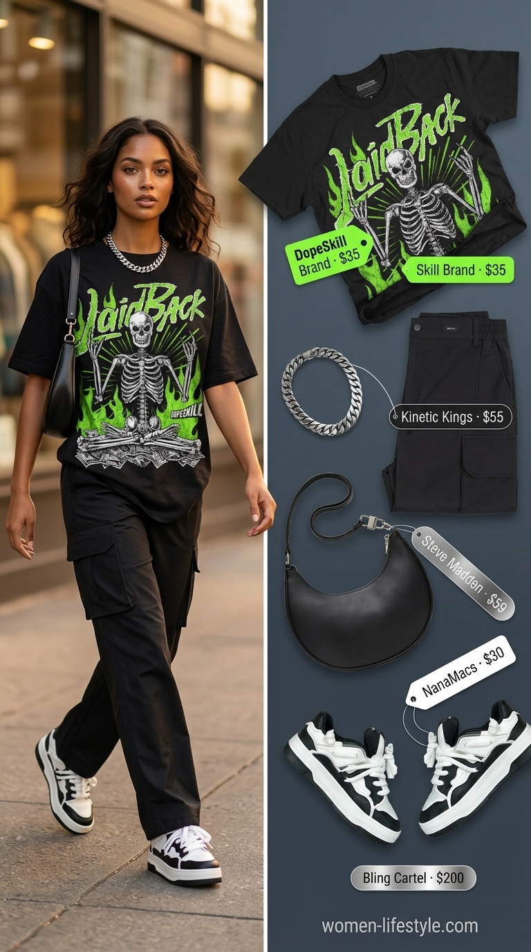 Neon Graphic Tee Streetwear Looks 2026 Graphic tee summer streetwear for women 2026: Neon print tee, cargo pants, platform sneakers, Cuban link chain.