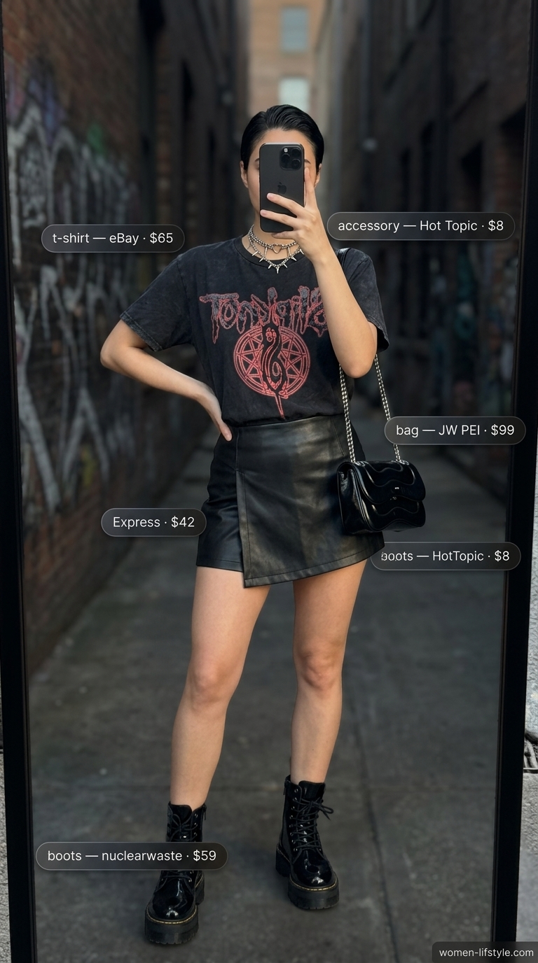 Edgy Graphic Tee Streetwear Looks 2026 Graphic tee summer streetwear for women 2026: Distressed band tee, faux leather skirt, combat boots, silver choker.