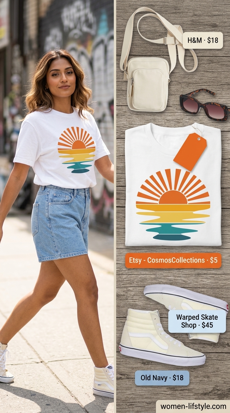 Retro Block Party Graphic Tee Outfits 2026 Graphic tee summer streetwear for women 2026: Cream graphic tee, denim shorts, canvas crossbody bag, retro sunglasses.