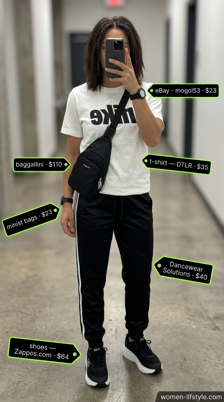 Sporty Graphic Tee Outfits 2026 Graphic tee summer streetwear for women 2026: Minimalist logo tee, track pants, performance sneakers, crossbody sling bag.
