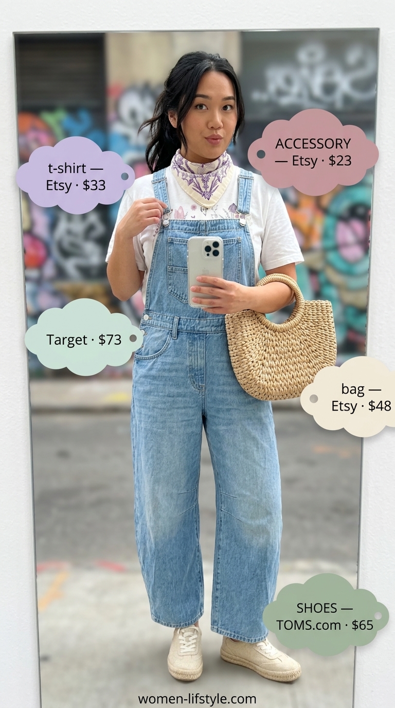 Boho Graphic Tee Summer Outfits 2026 Graphic tee summer streetwear for women 2026: Oversized floral graphic tee, denim overalls, straw basket bag, bandana.