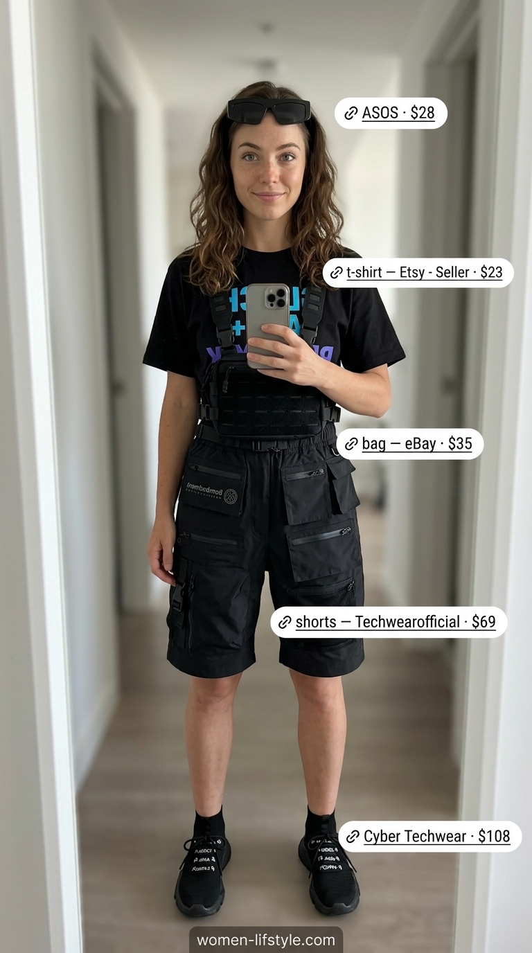 Futuristic Graphic Tee Streetwear 2026 Graphic tee summer streetwear for women 2026: Digital glitch tee, tech cargo shorts, chest rig bag, futuristic sneakers.