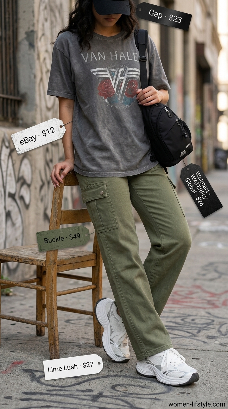 Urban Graphic Tee Streetwear 2026 Graphic tee summer streetwear for women 2026: Vintage band tee, cargo pants, crossbody belt bag, platform sneakers.