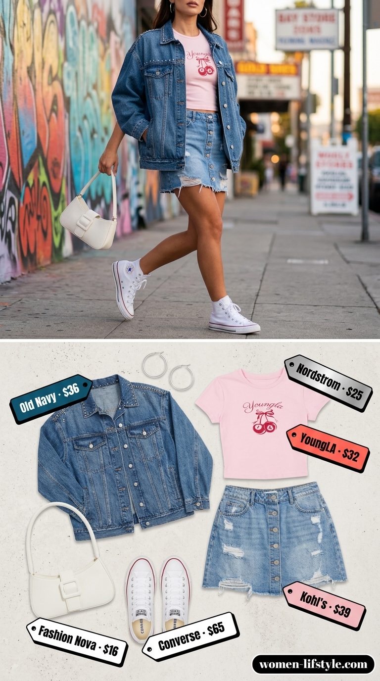 Retro Graphic Tee Summer Outfits 2026 Bubblegum Nostalgia outfit: pastel graphic baby tee, denim jacket, A-line mini skirt. Graphic tee summer streetwear for women 2026.