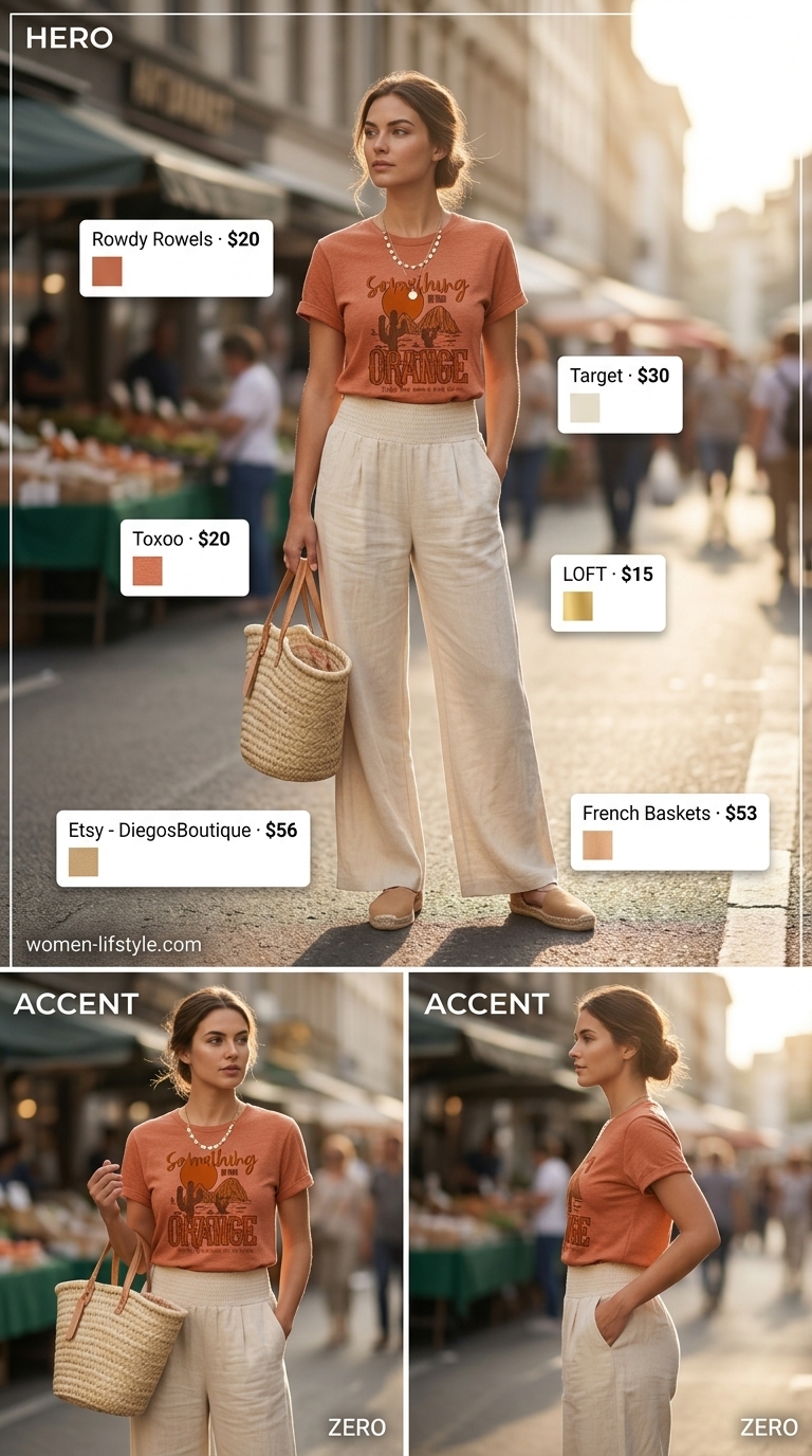 Boho Graphic Tee Summer Outfits 2026 Desert Rose Dream outfit: terracotta graphic tee, linen palazzo pants, straw tote bag. Graphic tee summer streetwear for women 2026.