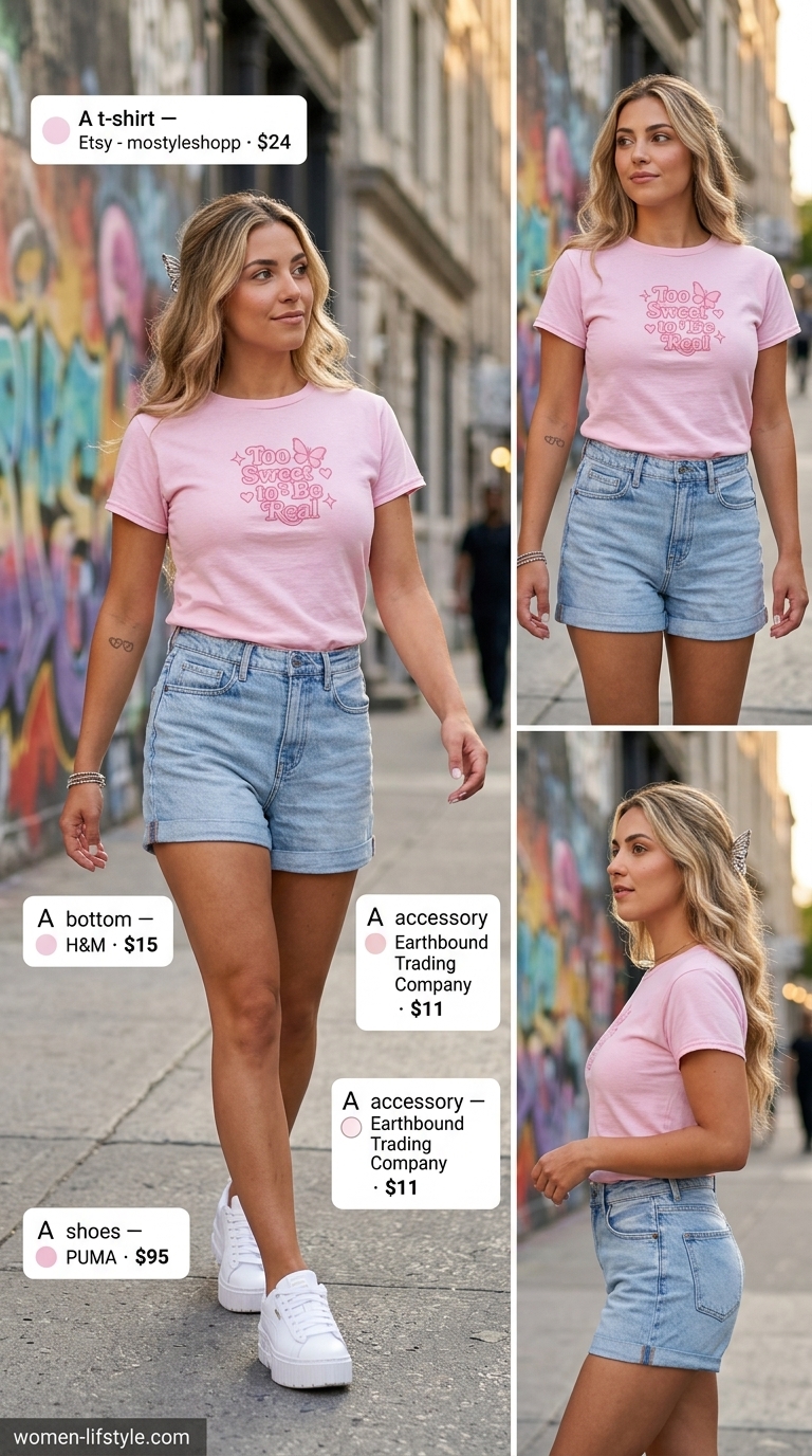 Cute Graphic Tee Summer Outfits 2026 Pastel Pop Street outfit: baby pink graphic tee, mom shorts, platform sneakers. Graphic tee summer streetwear for women 2026.