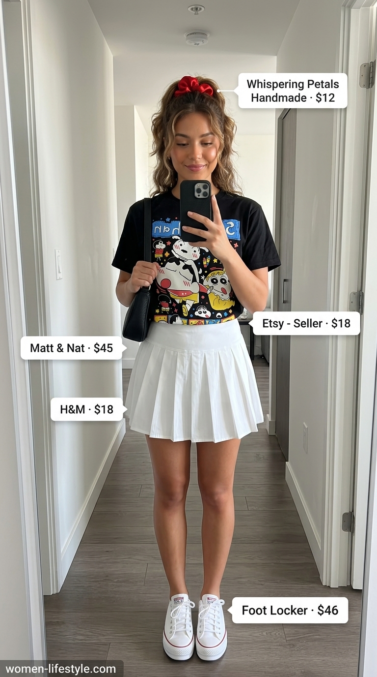 Playful Graphic Tee Summer Outfits 2026 Pop Culture Playground outfit: anime graphic tee, pleated tennis skirt, platform sneakers. Graphic tee summer streetwear for women 2026.
