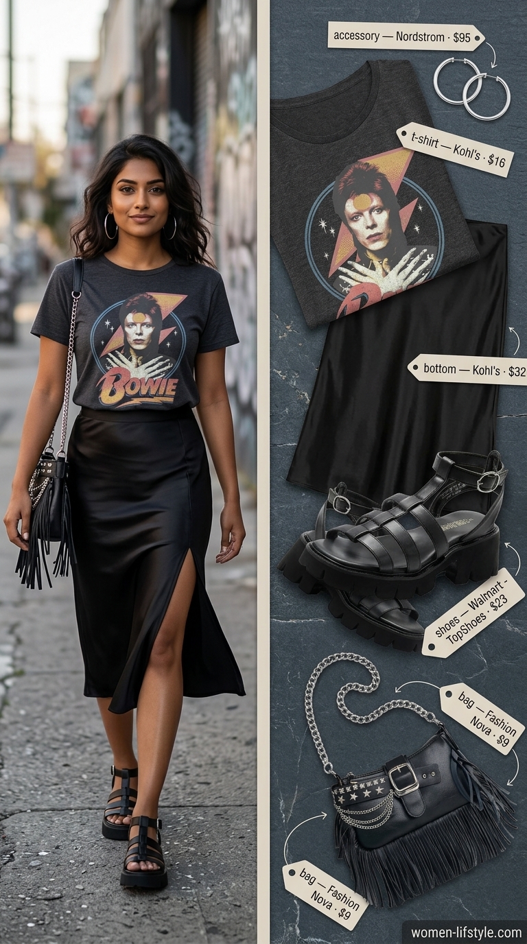 Soft Grunge Graphic Tee Summer Outfits 2026 Soft Grunge Summer outfit: charcoal band graphic tee, satin slip skirt, chunky platform sandals. Graphic tee summer streetwear for women 2026.